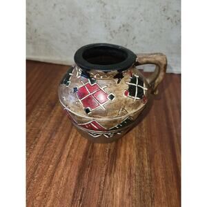 Vintage Small Handled Pottery Vase Piece Jar Black Red